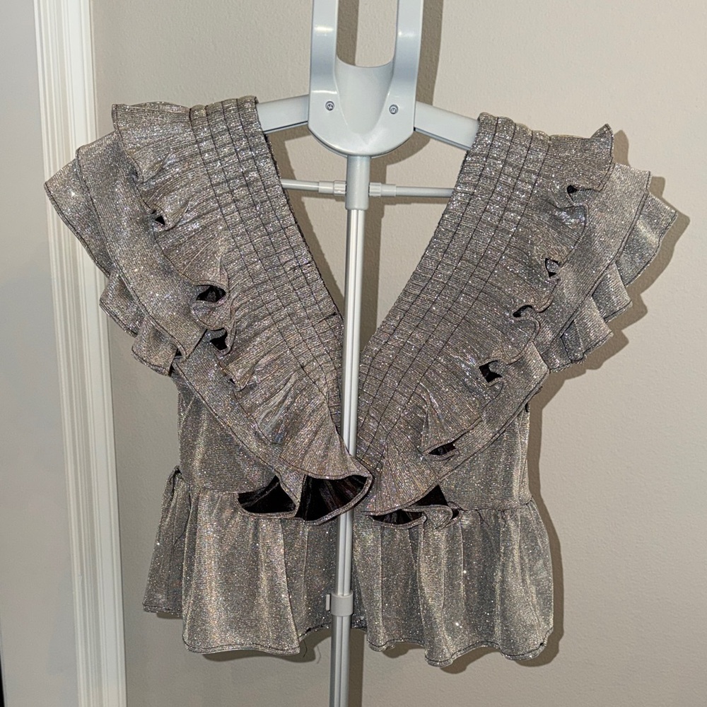 Lavish Boutique Shimmering Silver Ruffle Top - Picture 4 of 10
